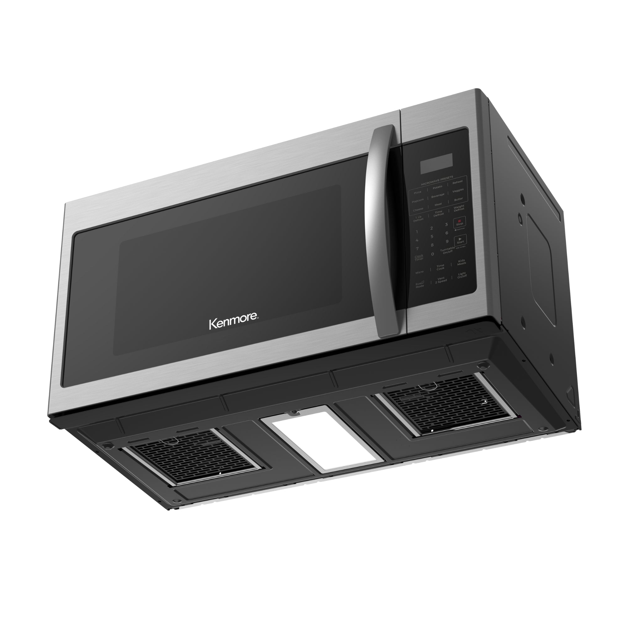 Bottom view of the Kenmore over-the-range microwave showing the washable grease filters and under-cabinet lighting, on a white background.