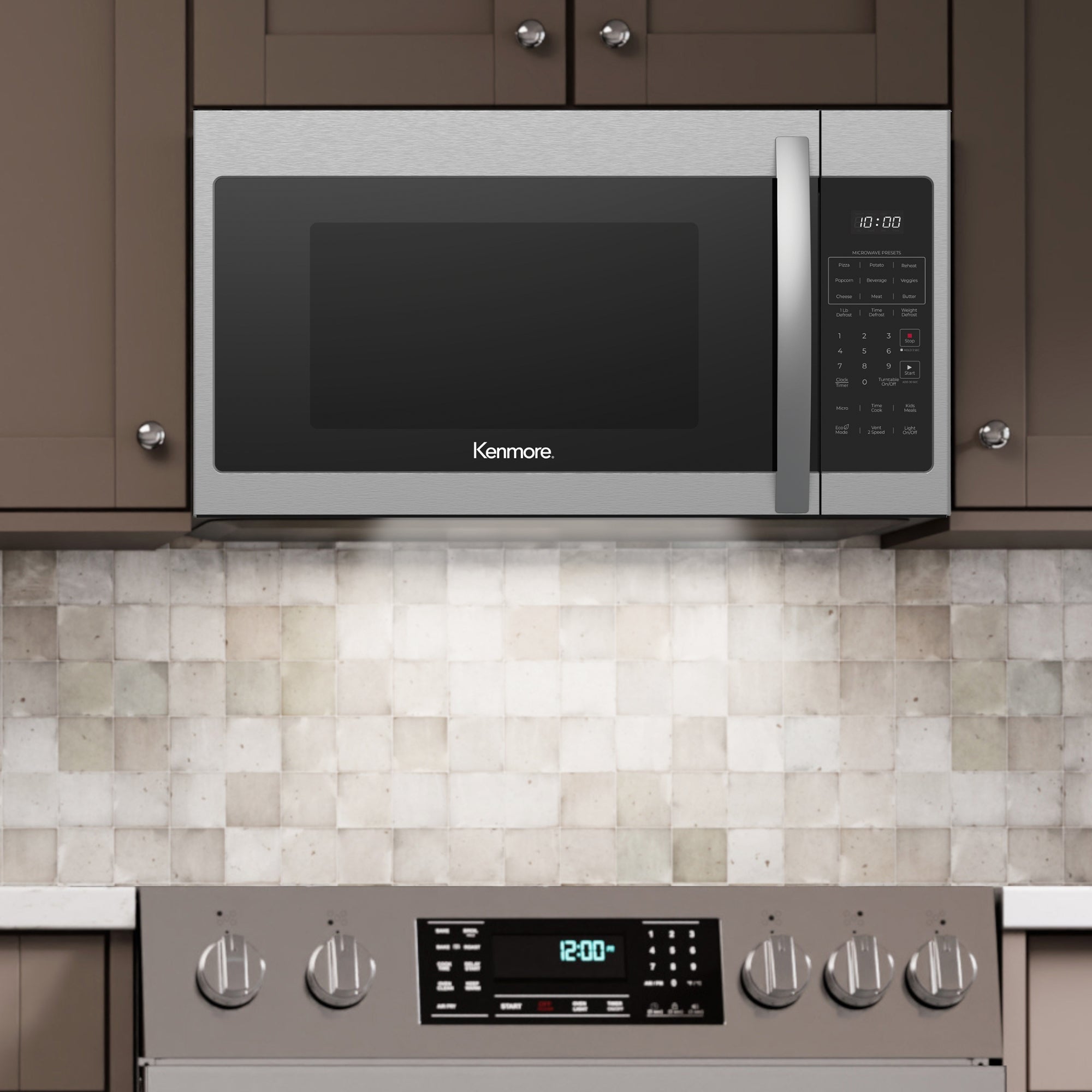 Kenmore over-the-range microwave installed between taupe cupboards with the under-cabinet task lighting turned on.
