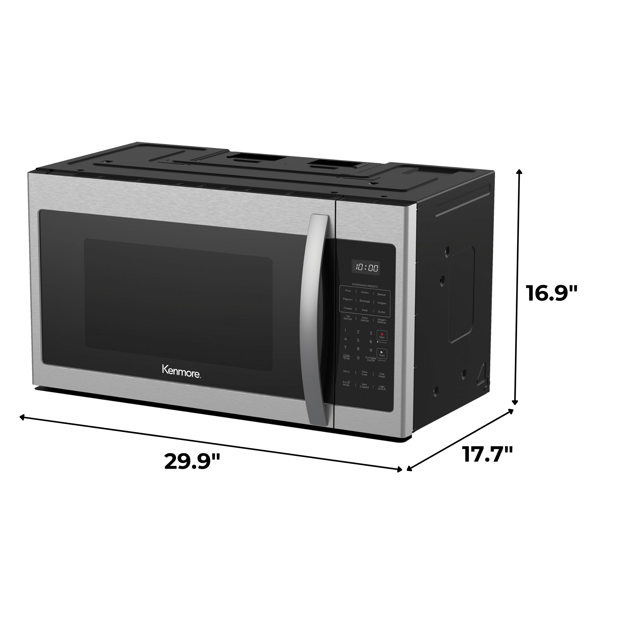 Kenmore over-the-range microwave, closed, on a white background, with dimensions labeled.