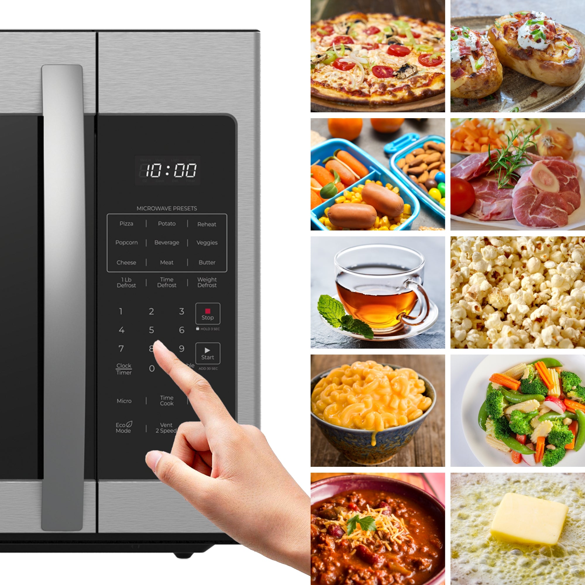 Closeup of a person's hand touching the control panel of the Kenmore over-the-range microwave on the left with pictures showing the 10 pre-set cooking functions to the right.