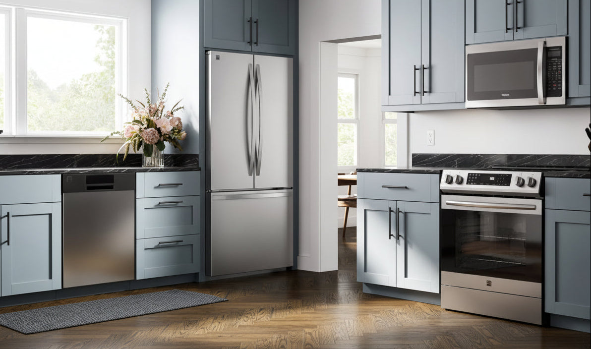 Kenmore over-the-range microwave installed in a bright modern kitchen with a stainless steel range and light blue cupboards.
