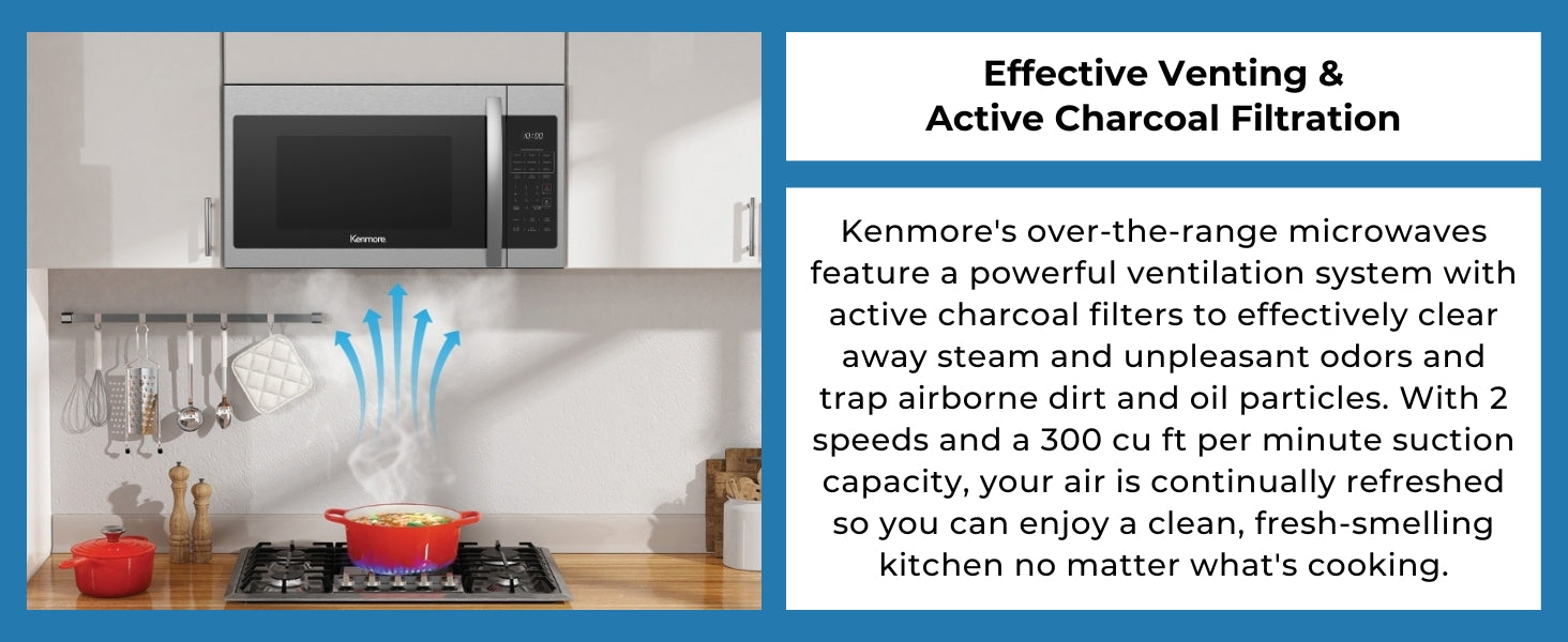 Kenmore over-the-range microwave installed between white cupboards over a gas cooktop with a red pot filled with steaming hot soup on a burner and blue arrows showing direction of the steam moving upwards. Text to the right describes the effective venting and active charcoal filtration.