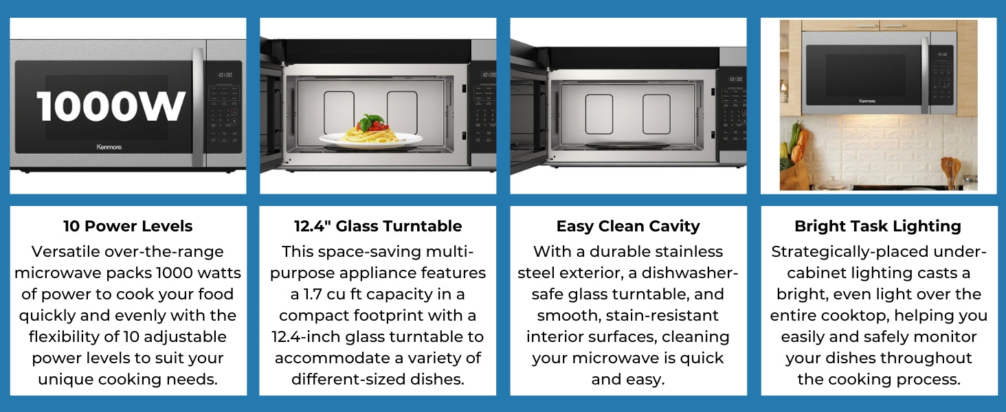 Four closeup images with text below describe features of the Kenmore over-the-range microwave: 10 Power Levels; 12.4" Glass Turntable; Easy Clean Cavity; Bright Task Lighting