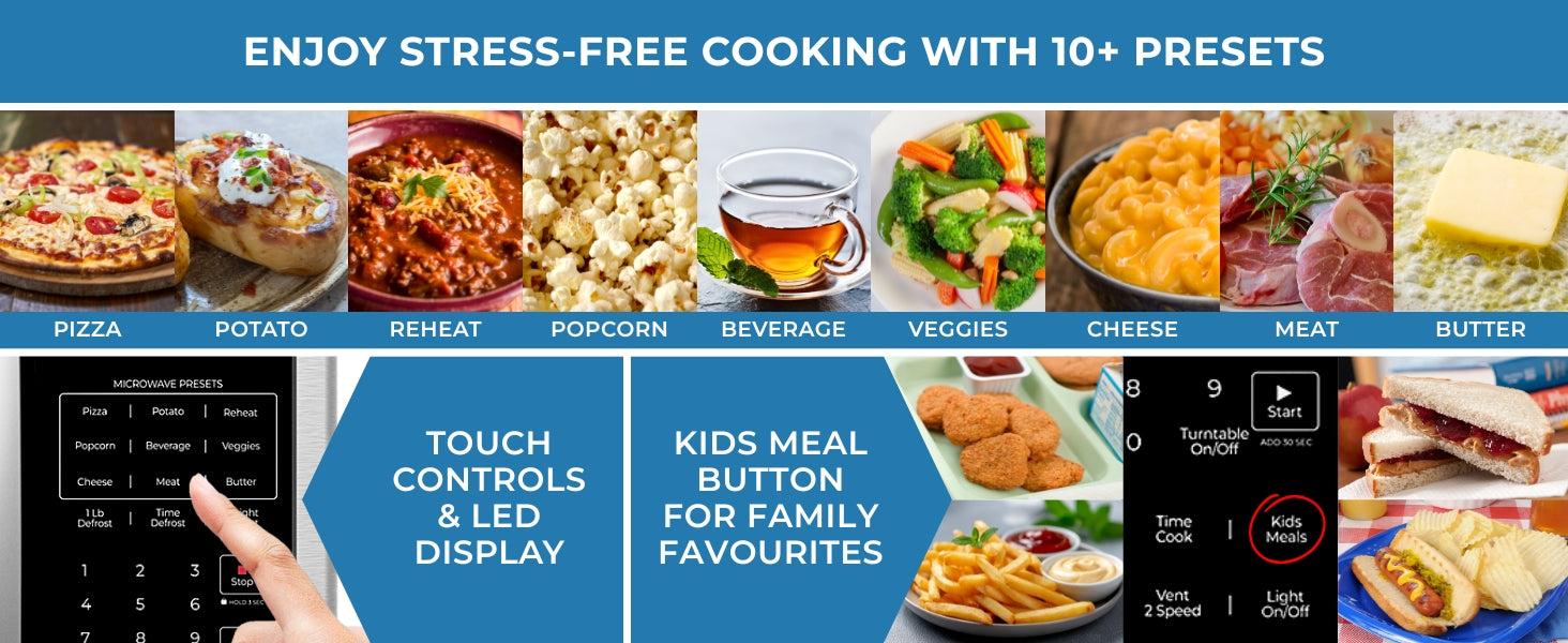 Banner titled, "Enjoy stress-free cooking with 10+ presets," shows two closeup images of the control panel of the Kenmore over-the-range microwave and pictures of foods representing the preset cooking functions.