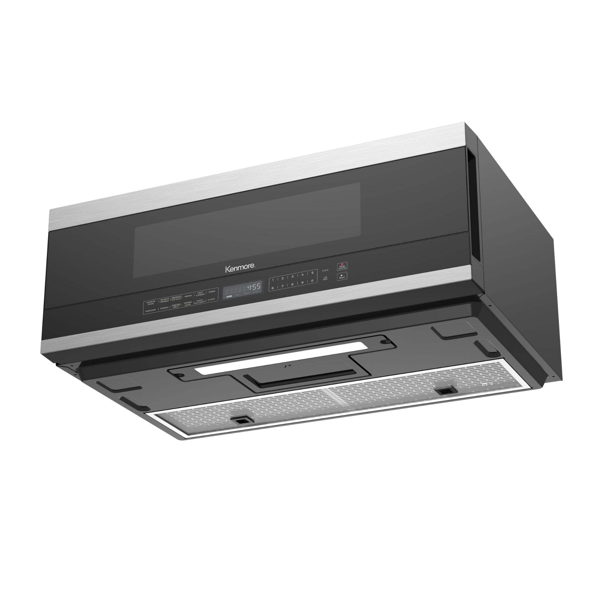 Bottom view of the Kenmore over-the-range microwave showing the washable grease filters and under-cabinet lighting, on a white background.