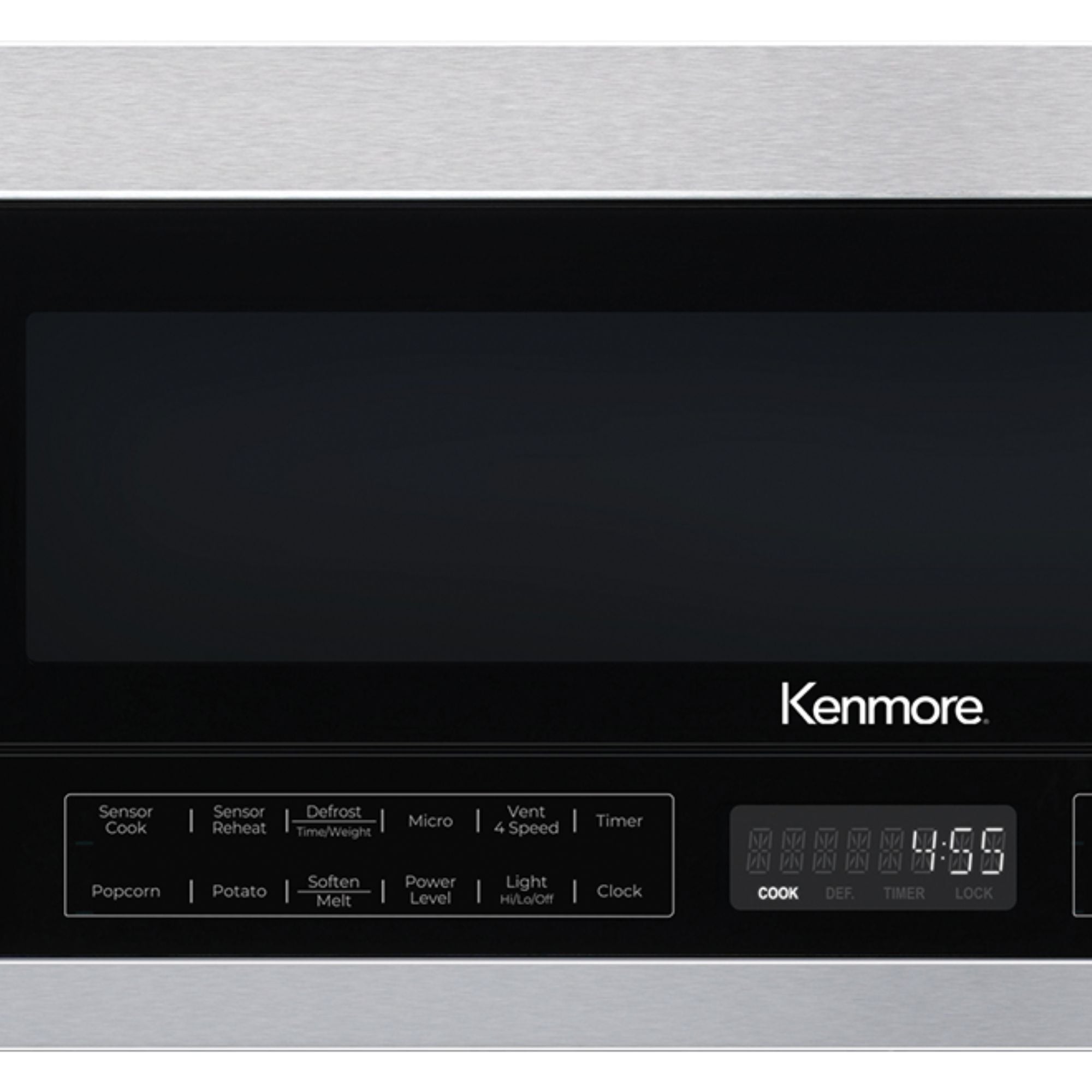 Closeup of the control panel on the Kenmore over-the-range microwave.