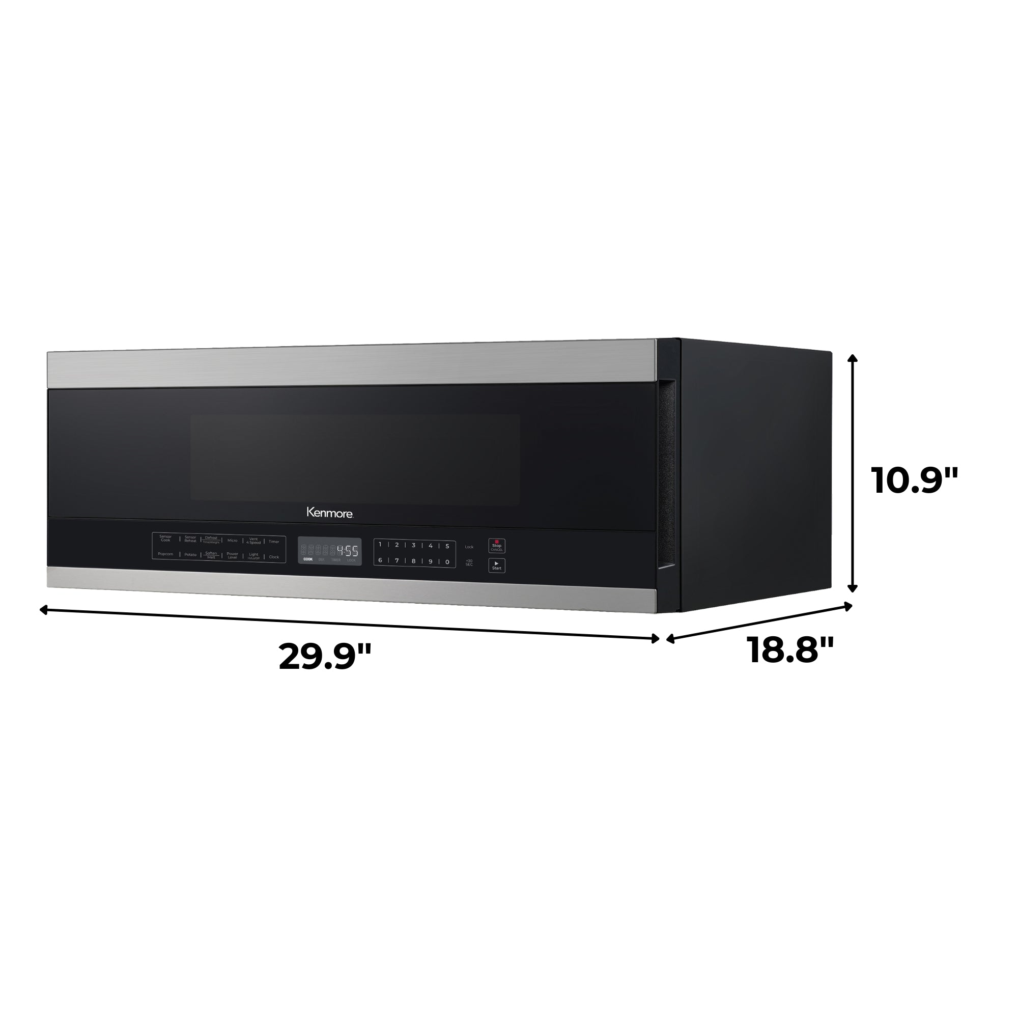 Kenmore over-the-range microwave, closed, on a white background, with dimensions labeled.