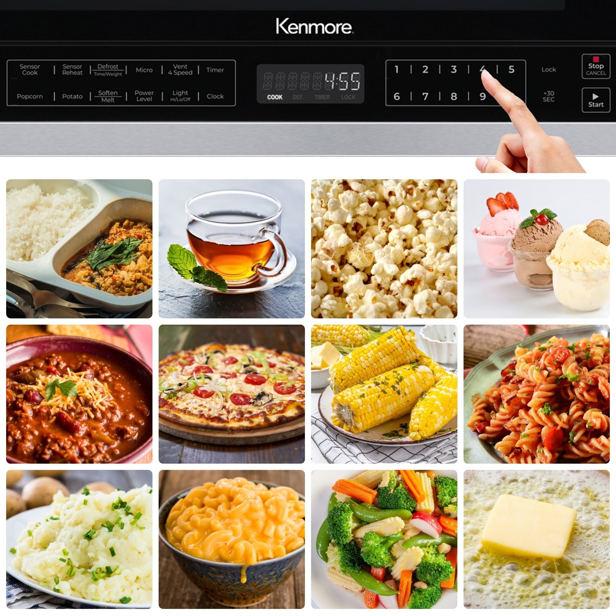 Closeup of a person's hand touching the control panel of the Kenmore over-the-range microwave with 12 pictures showing pre-set cooking functions below.