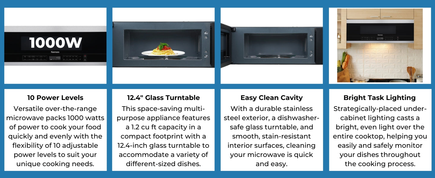 Four closeup images with text below describe features of the Kenmore over-the-range microwave: 10 Power Levels; 12.4" Glass Turntable; Easy Clean Cavity; Bright Task Lighting