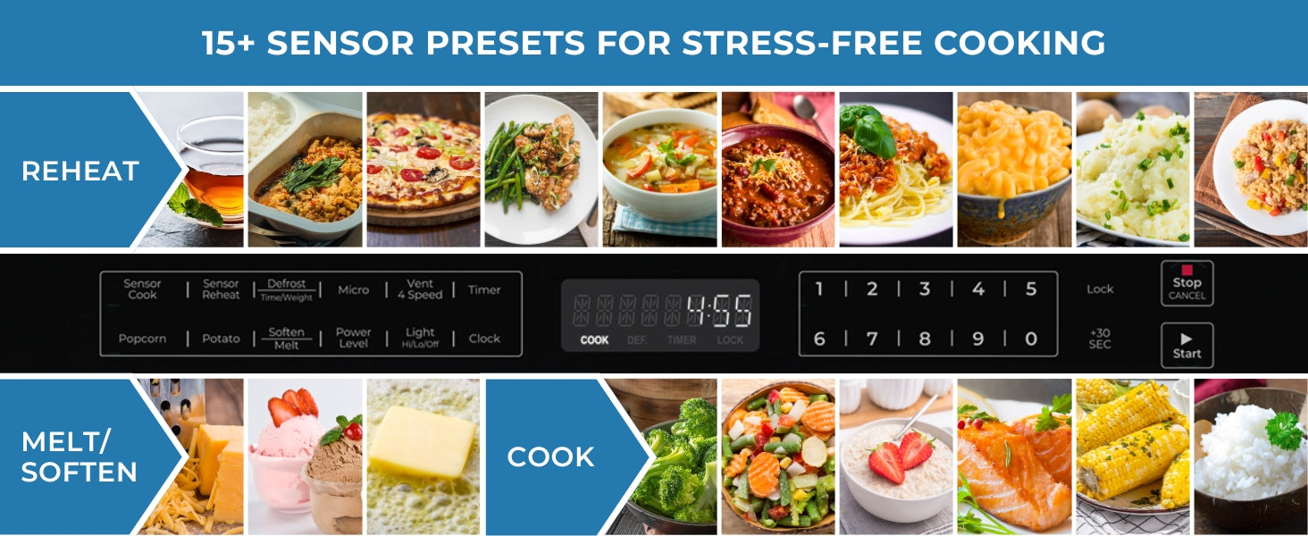 Banner titled, "15+ sensor presets for stress-free cooking," shows a closeup image of the control panel of the Kenmore over-the-range microwave and pictures of foods representing the sensor cooking functions.