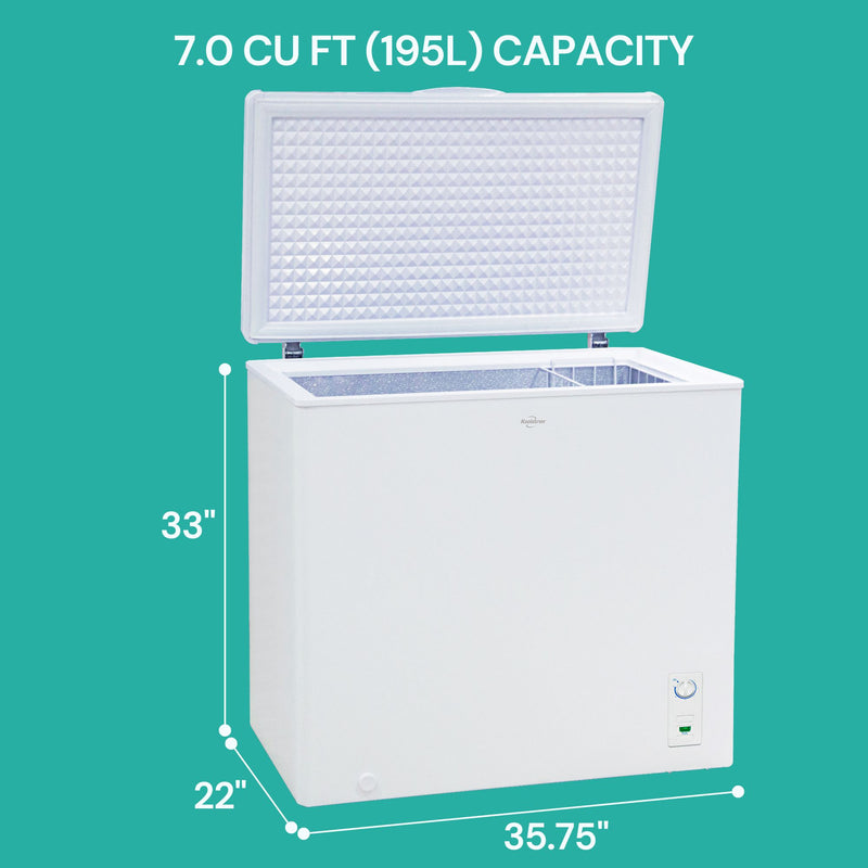Product shot of white chest freezer with dimensions labeled on the left. Text to the right reads, "Net weight 80 lbs; Power 110V; Capacity 7.0 cu ft; Compressor cooling technology"