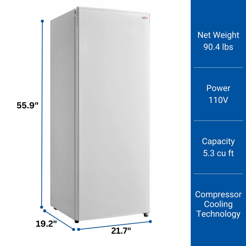  Product shot of white upright freezer with dimensions labeled on the left. Text to the right reads, "Net weight 90.4 lbs; Power 110V; Capacity 5.3 cu ft; Compressor cooling technology"