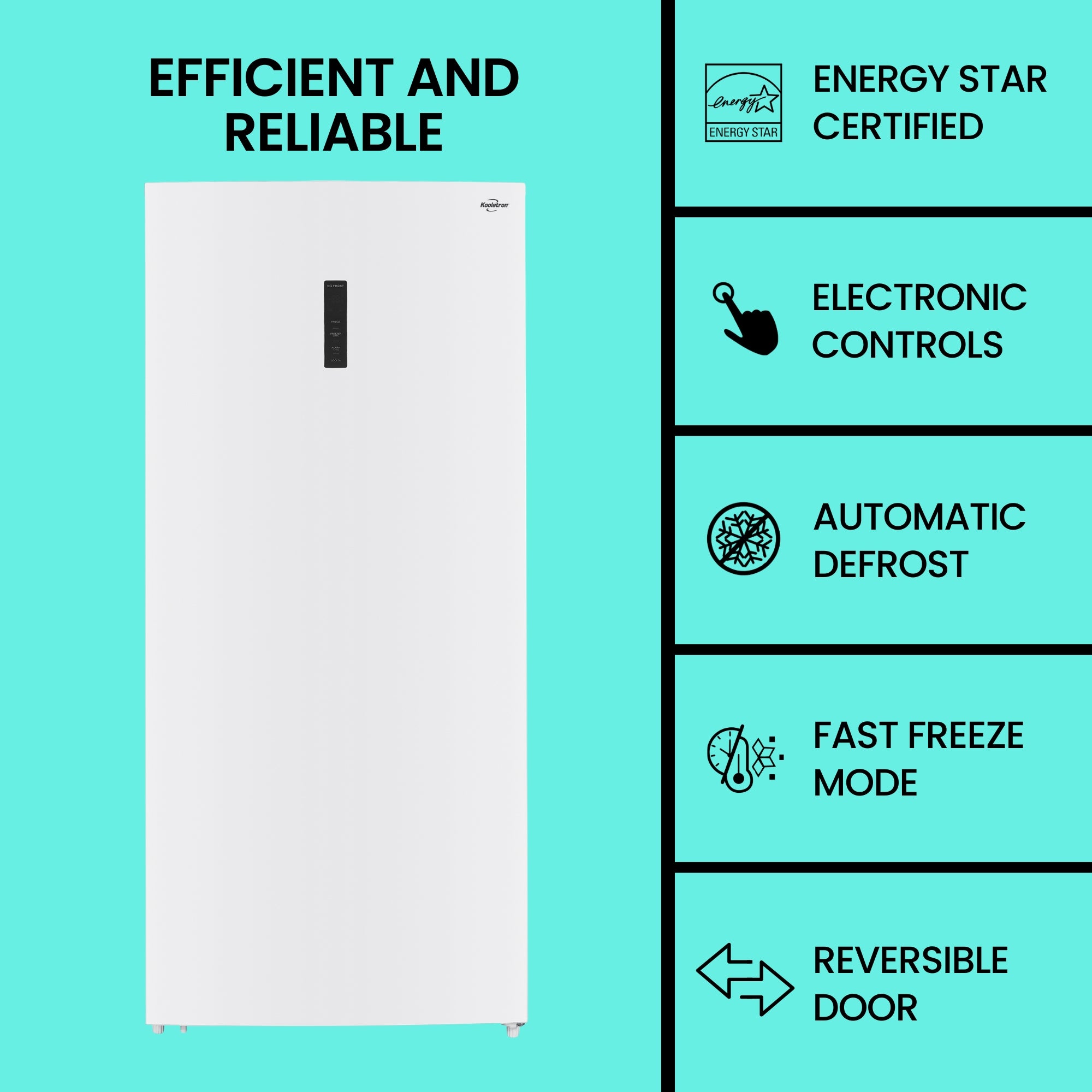 Koolatron convertible upright freezer/refrigerator, closed, on a bright aqua background. Text above reads, "Efficient and reliable," and text and icons to the right describe features: EnergyStar certified; electronic controls; automatic defrost; fast freeze mode; reversible door.