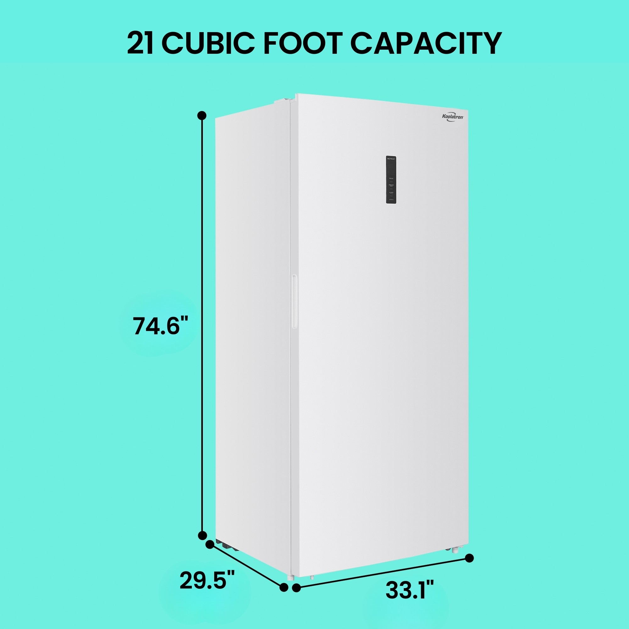 Koolatron upright convertible freezer on a bright aqua with dimensions labeled and text above reading, "21 cubic foot capacity"