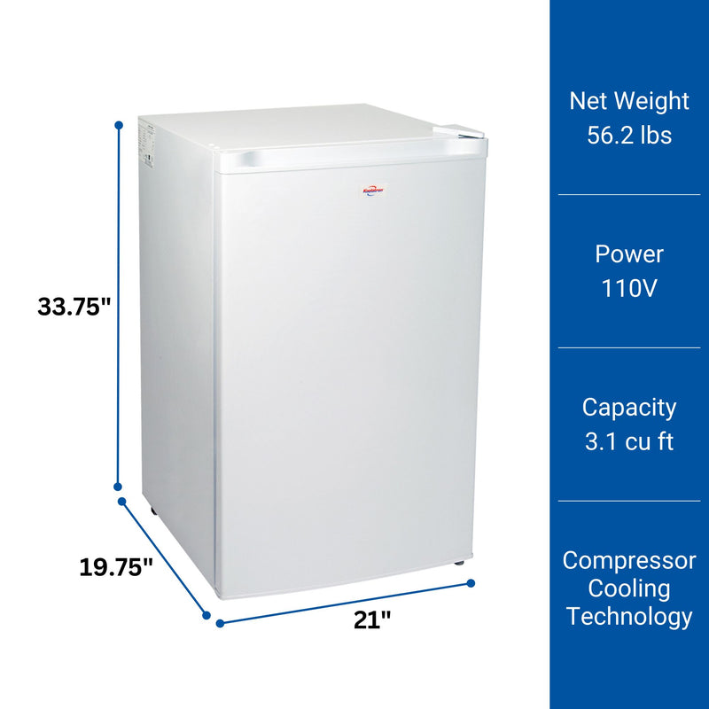  Product shot of white upright freezer with dimensions labeled on the left. Text to the right reads, "Net weight 56.2 lbs; Power 110V; Capacity 3.1 cu ft; Compressor cooling technology"