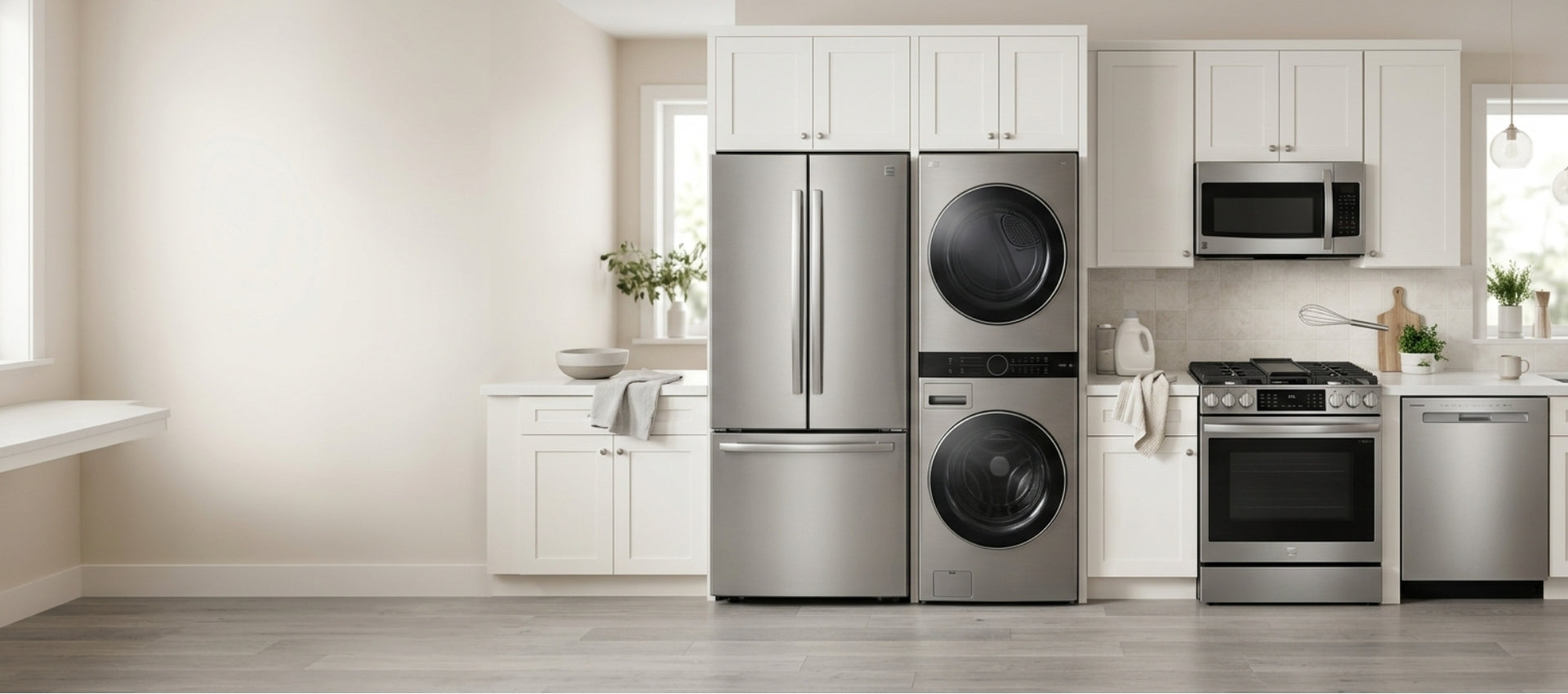 Kenmore stainless steel home appliances displayed in a clean modern kitchen and laundry room environment.