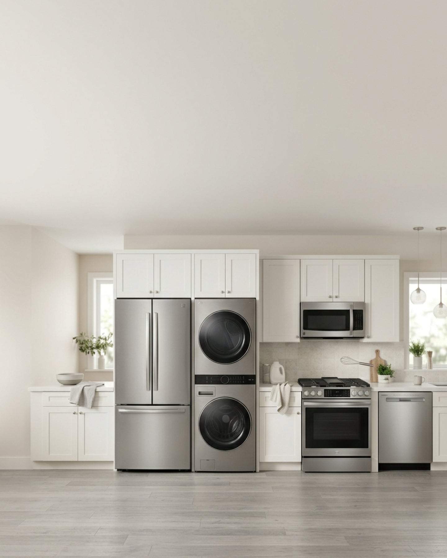 Mobile hero banner with Kenmore refrigerator, washer, dryer, and kitchen appliances in a modern neutral-toned interior.