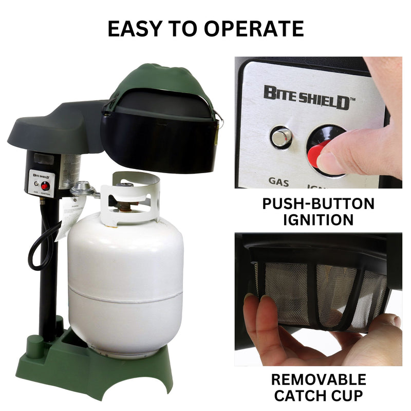 Bite Shield mosquito trap on a white background with labeled closeup images of features to the right: Push-button ignition; removable catch cup. Text above reads, "Easy to operate"