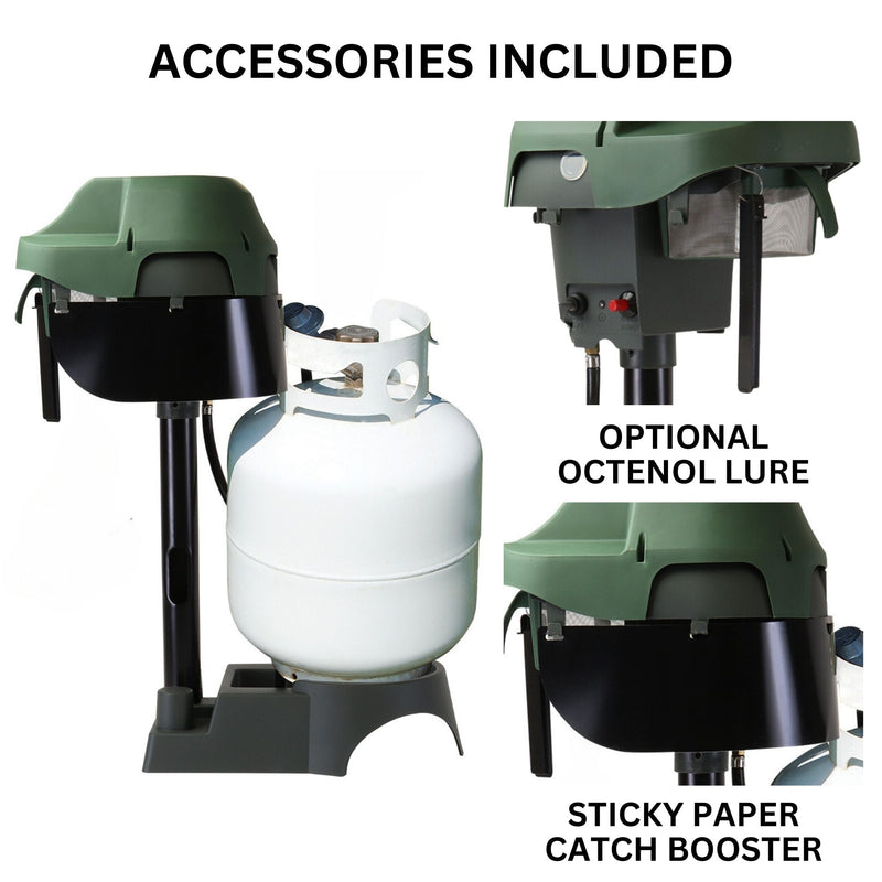 Bite Shield mosquito trap on a white background with labeled closeup images of features to the right: Optional Octenol lure; sticky paper catch booster. Text above reads, "Accessories included"