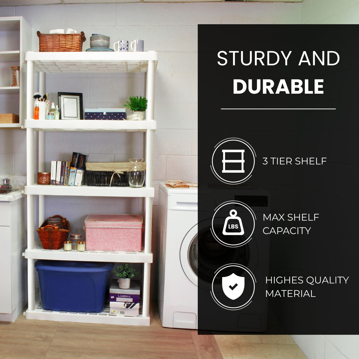 Oskar 5-Tier Interlocking Plastic Shelving Unit, White