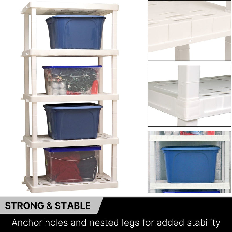 Oskar 5-tier storage shelves storage totes on the shelves on a white background on the left with 3 closeup images to the right showing the anchor holes, nested legs, and height of shelf. Text below reads, "Strong and Stable: Anchor holes and nested legs for added stability"