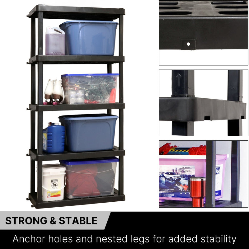 Oskar 5-tier storage shelves storage totes on the shelves on a white background on the left with 3 closeup images to the right showing the anchor holes, nested legs, and height of shelf. Text below reads, "Strong and Stable: Anchor holes and nested legs for added stability"