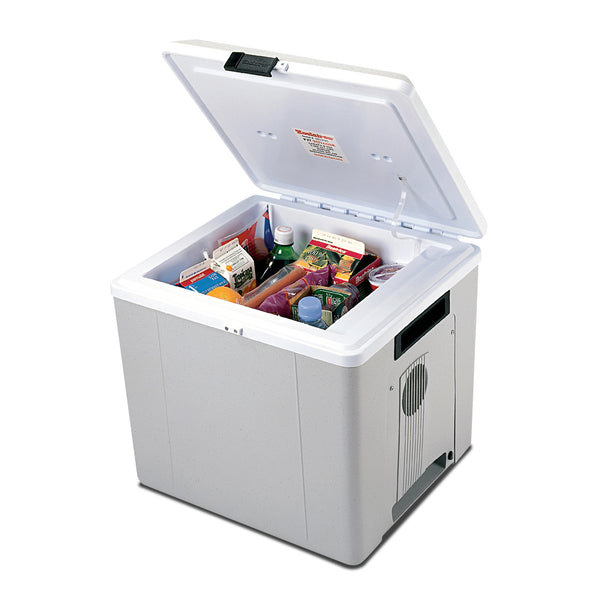 Koolatron 12V travel cooler/warmer, open with food inside, on a white background