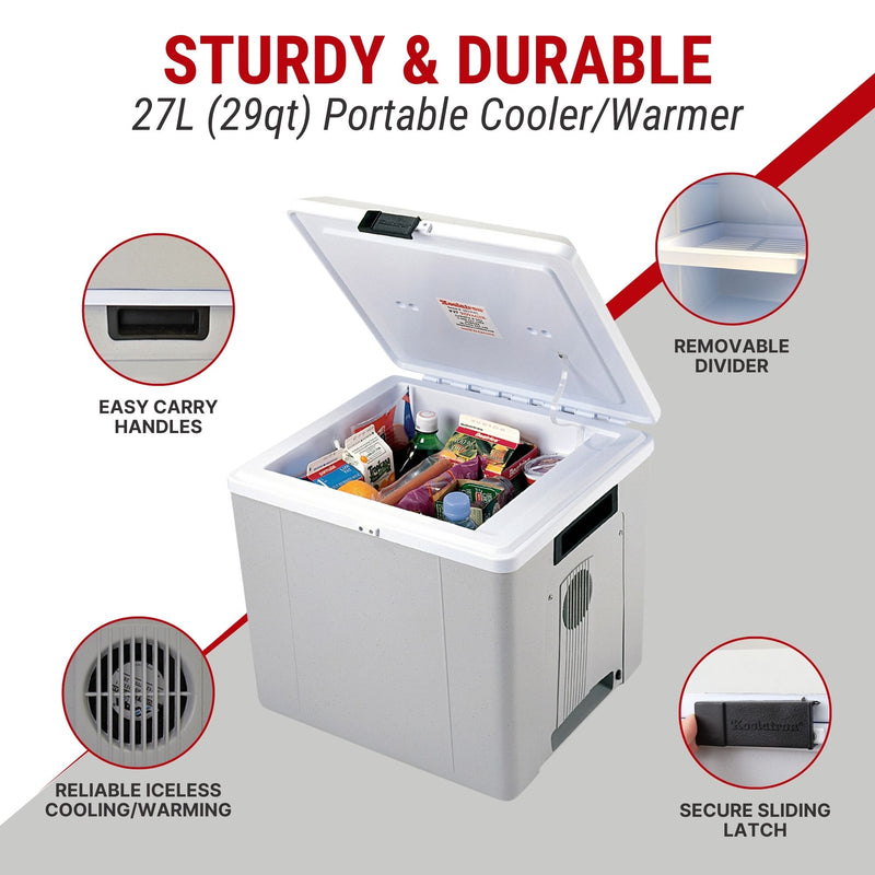 Koolatron 12V cooler/warmer open with food inside surrounded by closeup images of features, labeled: Easy carry handles; removable divider; secure sliding latch; reliable iceless cooling/warming. Text above reads, "STURDY AND DURABLE 27L (29 qt) portable cooler/warmer"