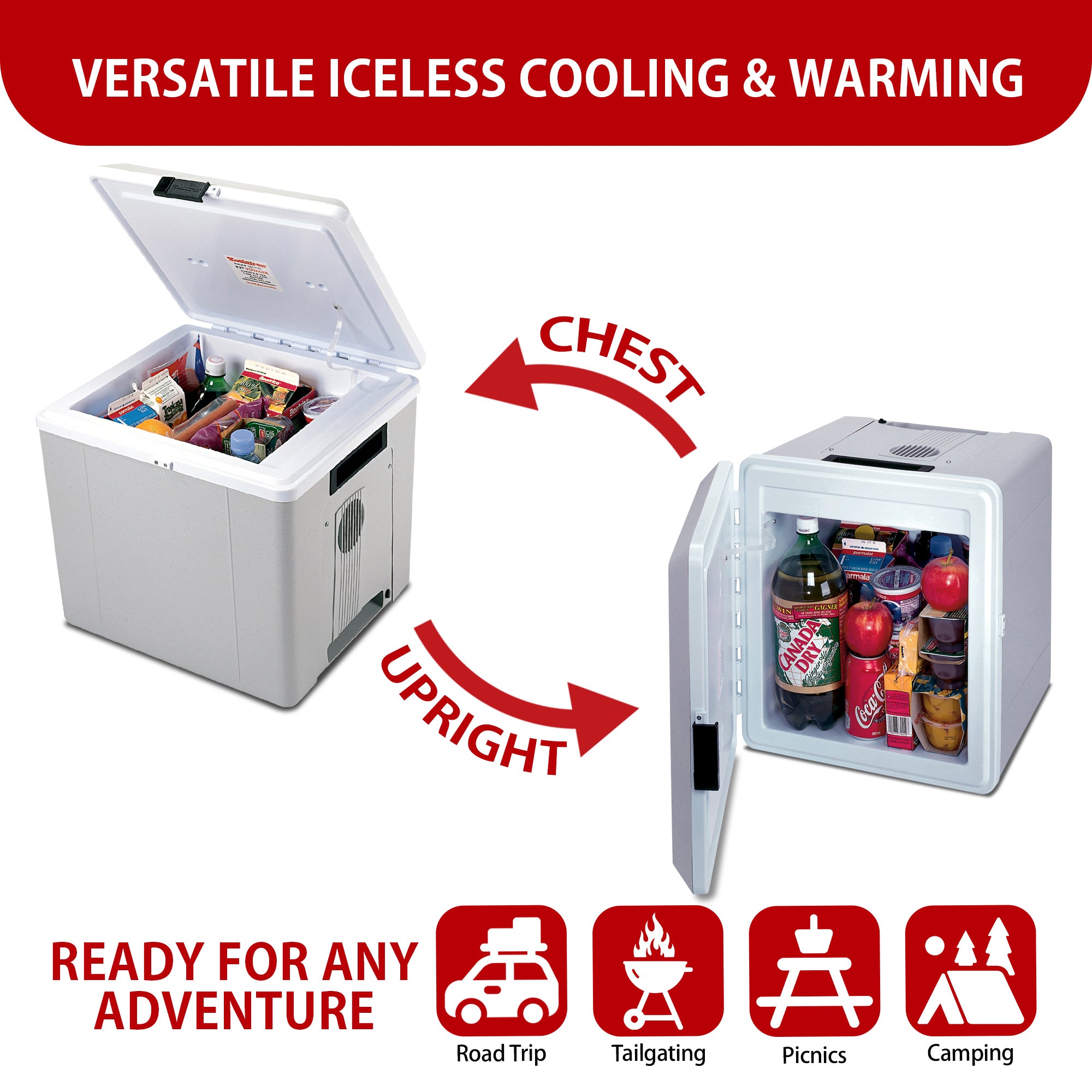 Two images show the Koolatron 12V cooler/warmer as an ice chest and on its side as a mini-fridge with arrows labeled, "CHEST" and "UPRIGHT." Text above reads, "VERSATILE ICELESS COOLING & WARMING." Text below reads, "READY FOR ANY ADVENTURE" followed by icons labeled: Road trip, tailgating, picnics, and camping.