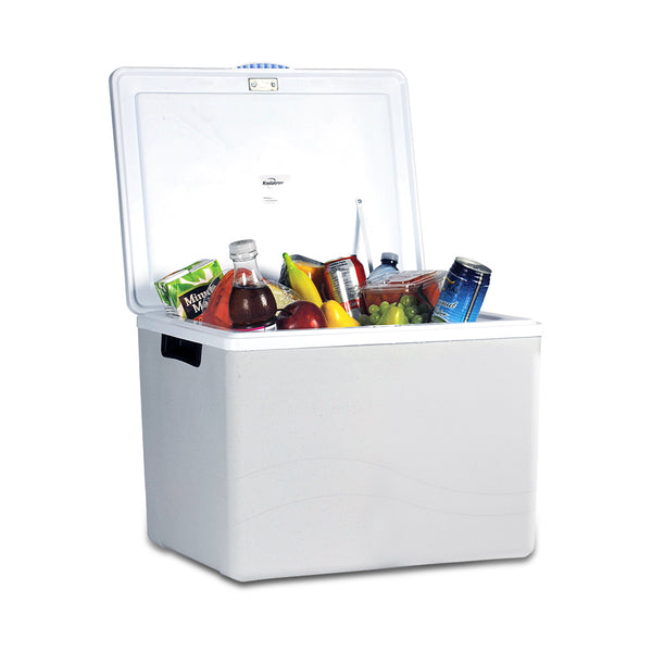 Koolatron 12V travel cooler/warmer, open with food inside, on a white background