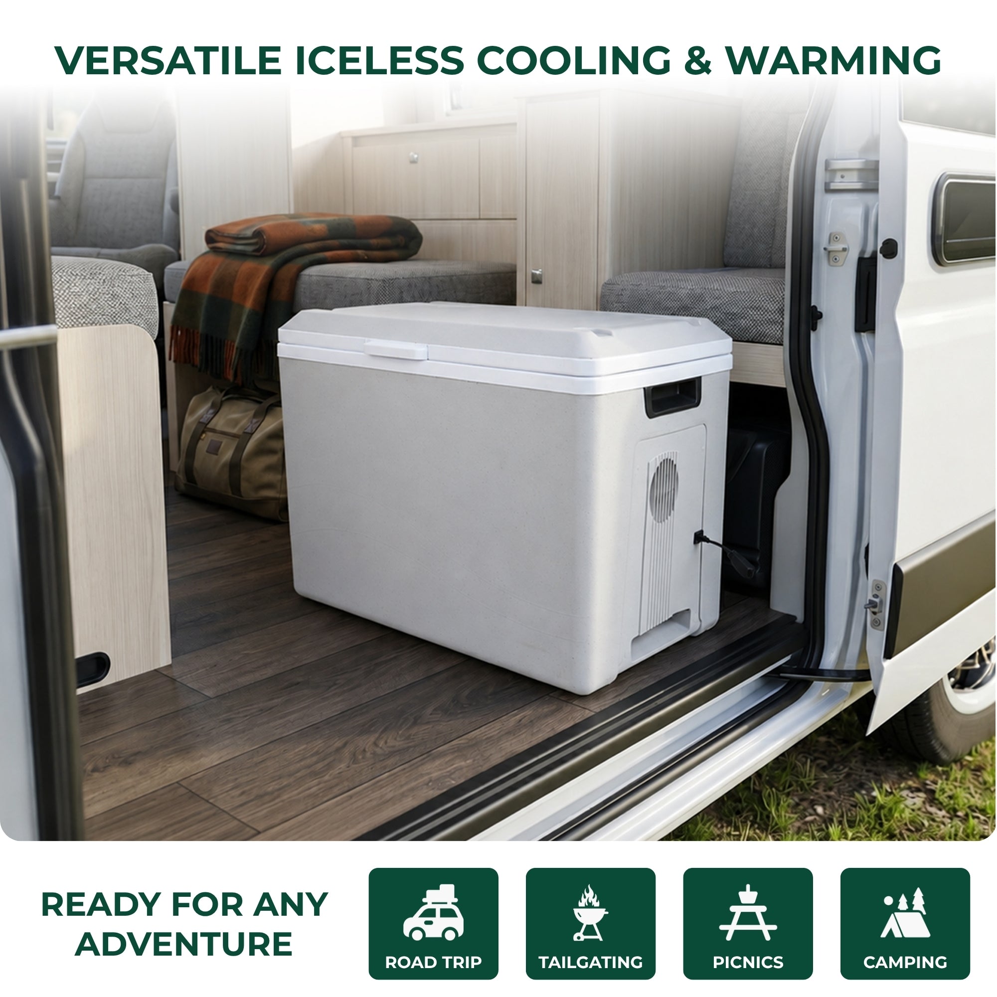 White cooler box inside a vehicle with text 'Versatile Iceless Cooling & Warming' and icons for road trip, tailgating, picnics, and camping.