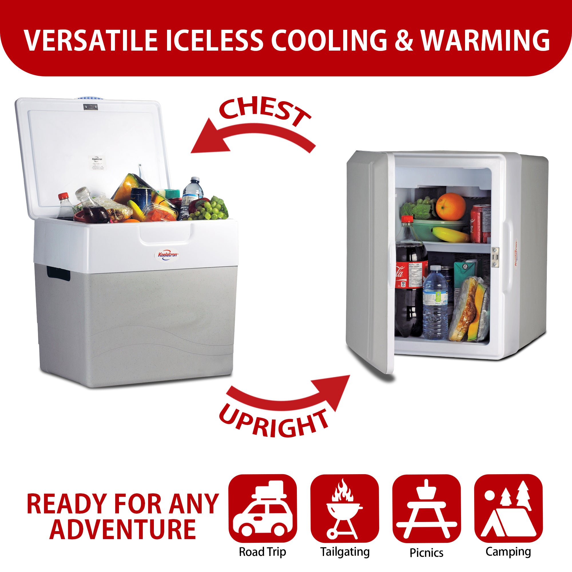 Two images show the Koolatron 12V cooler/warmer as an ice chest and on its side as a mini-fridge with arrows labeled, "CHEST" and "UPRIGHT." Text above reads, "VERSATILE ICELESS COOLING & WARMING." Text below reads, "READY FOR ANY ADVENTURE" followed by icons labeled: Road trip, tailgating, picnics, and camping.
