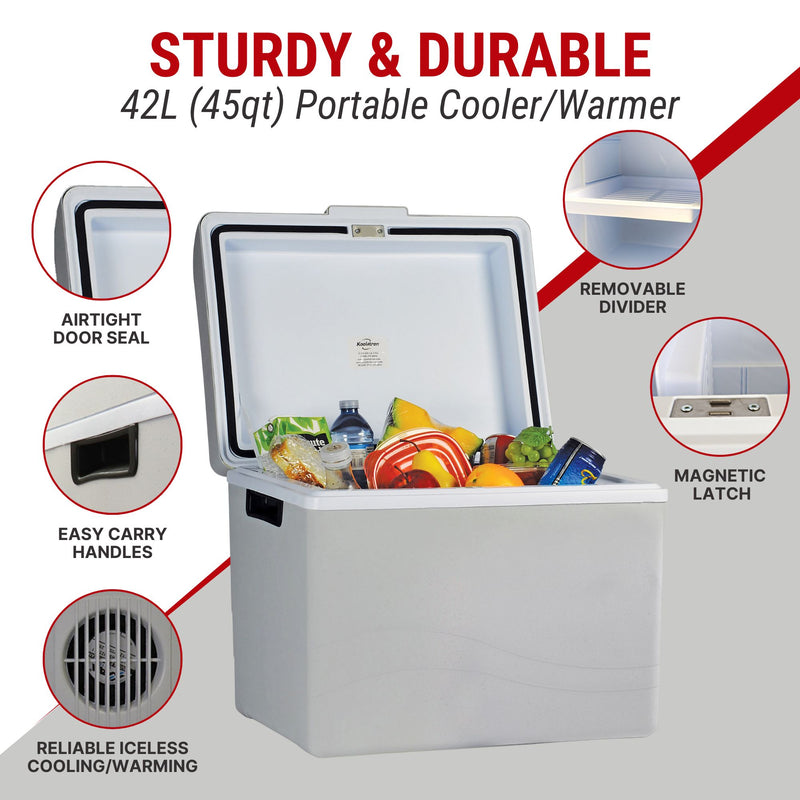 Koolatron 12V cooler/warmer open with food inside surrounded by closeup images of features, labeled: Reliable iceless cooling/warming; easy carry handles; airtight door seal; removable divider; magnetic latch. Text above reads, "STURDY AND DURABLE 42L (45 qt) portable cooler/warmer"