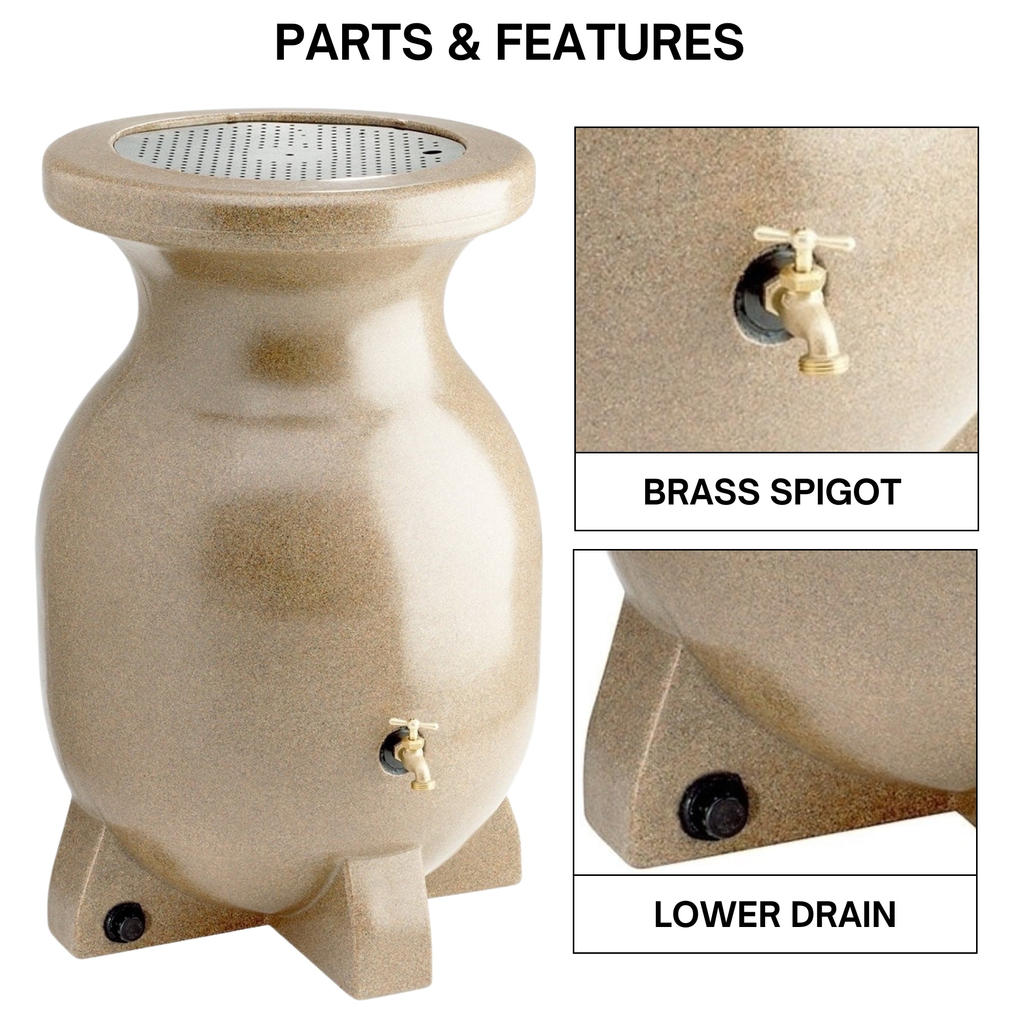 Koolscapes stone-look rain barrel on a white background with closeup images of parts, labeled; Brass spigot; debris screen. Text above reads, "Parts and Features."