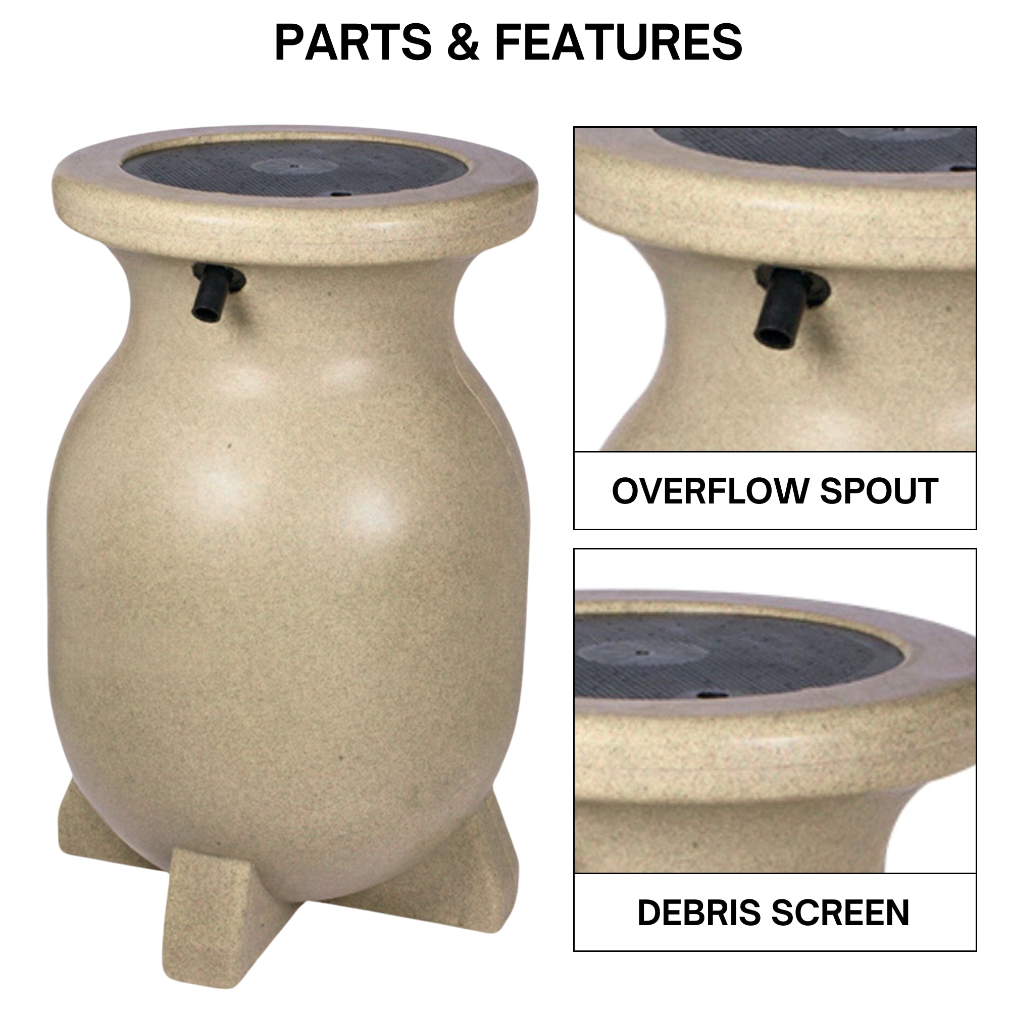 Koolscapes stone-look rain barrel on a white background with closeup images of parts, labeled; Overflow spout; lower drain. Text above reads, "Parts and Features."