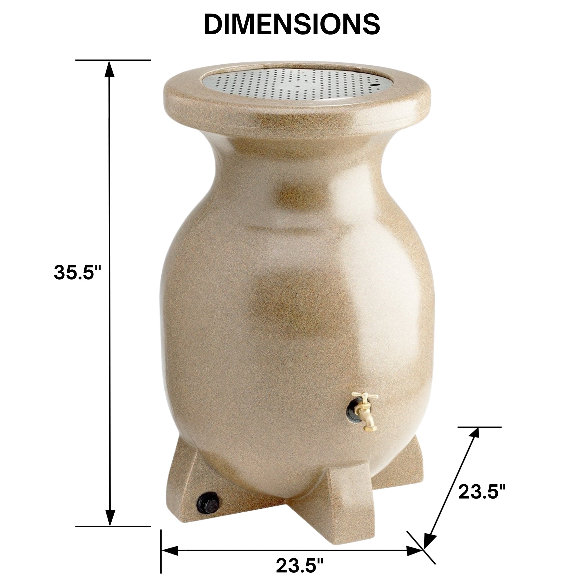 Koolscapes stone-look rain barrel on a white background with dimensions labeled