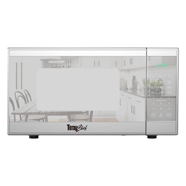 Total Chef Compact Countertop Microwave Oven, 1100W, 1.3 Cubic Feet Capacity, Digital Touchscreen Controls, One-Touch Push-Button Opening, 6 Pre-Set Cooking Modes, Silver Stainless Steel