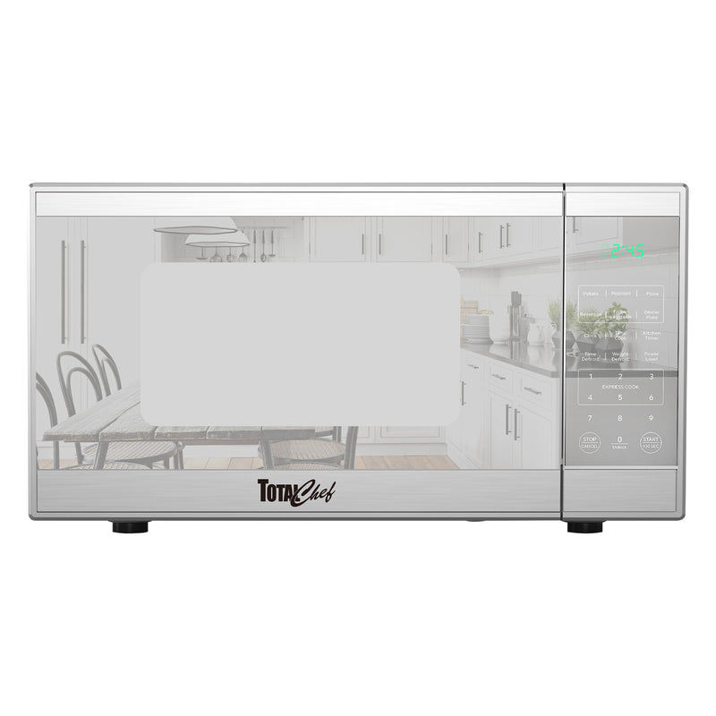 Total Chef Compact Countertop Microwave Oven, 1100W, 1.3 Cubic Feet Capacity, Digital Touchscreen Controls, One-Touch Push-Button Opening, 6 Pre-Set Cooking Modes, Silver Stainless Steel