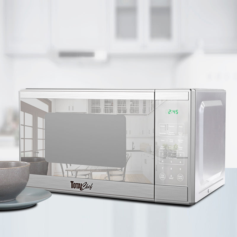 Total Chef Compact Countertop Microwave Oven, 1100W, 1.3 Cubic Feet Capacity, Digital Touchscreen Controls, One-Touch Push-Button Opening, 6 Pre-Set Cooking Modes, Silver Stainless Steel