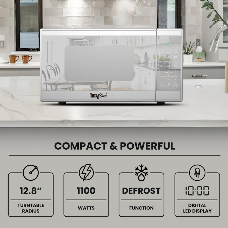 Total Chef Compact Countertop Microwave Oven, 1100W, 1.3 Cubic Feet Capacity, Digital Touchscreen Controls, One-Touch Push-Button Opening, 6 Pre-Set Cooking Modes, Silver Stainless Steel