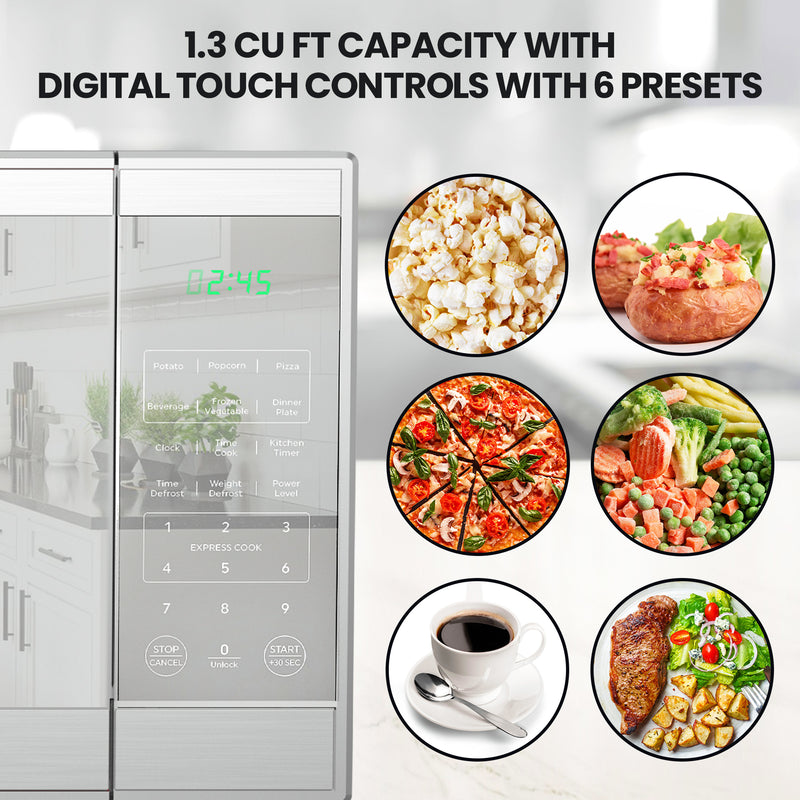 Total Chef Compact Countertop Microwave Oven, 1100W, 1.3 Cubic Feet Capacity, Digital Touchscreen Controls, One-Touch Push-Button Opening, 6 Pre-Set Cooking Modes, Silver Stainless Steel