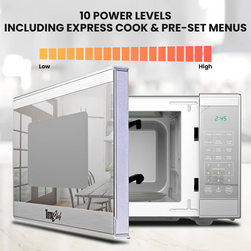 Total Chef Compact Countertop Microwave Oven, 1100W, 1.3 Cubic Feet Capacity, Digital Touchscreen Controls, One-Touch Push-Button Opening, 6 Pre-Set Cooking Modes, Silver Stainless Steel