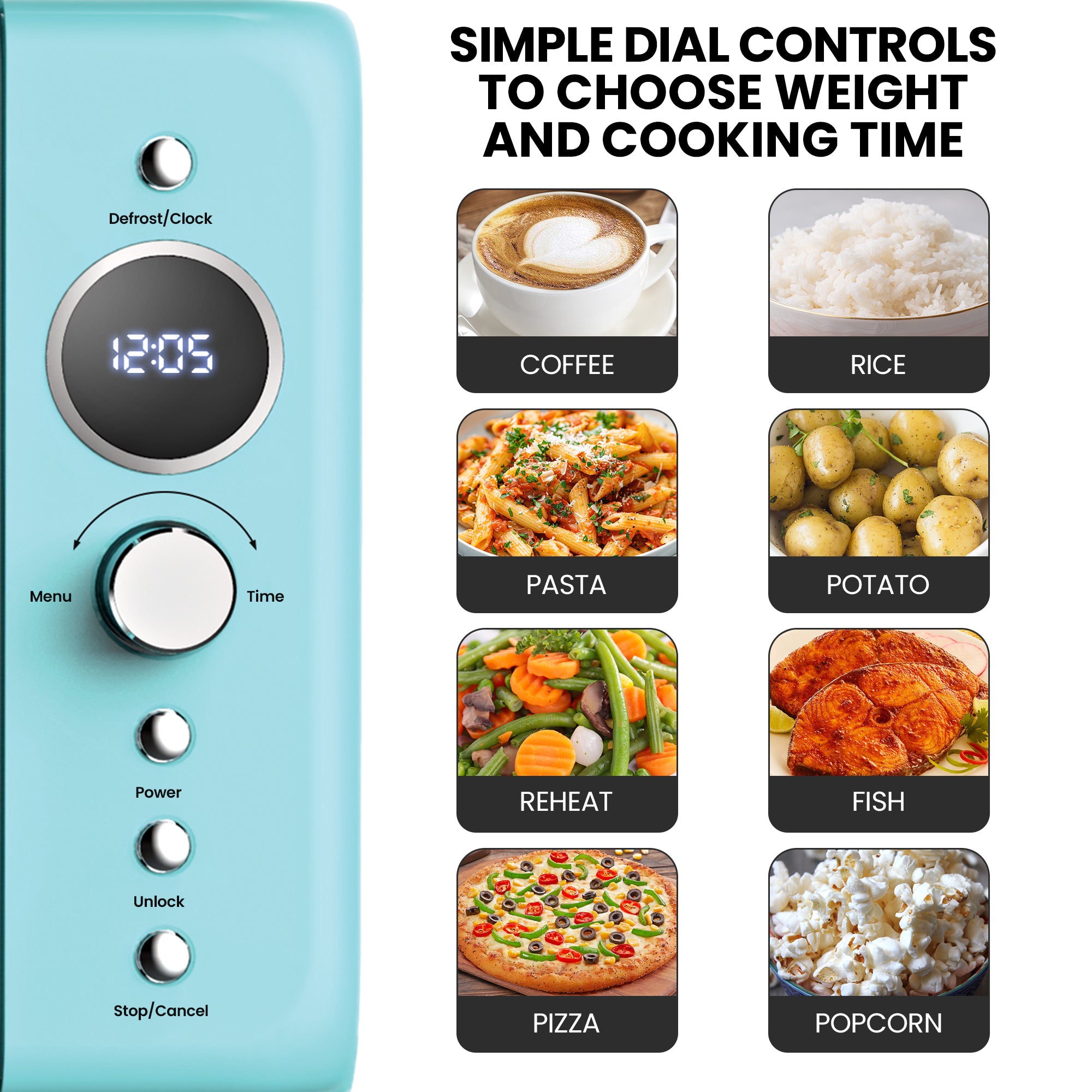 Total Chef Retro Microwave Oven | 20L / 0.7 Cu Ft | Quick Start & Defrost By Weight/Time | 8 Pre-set Cooking Modes For Coffee, Rice, Pasta, Potato, Reheat, Fish, Pizza, Popcorn | 700W | Blue