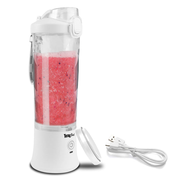 Product shot of Total Chef personal cordless blender filled with bright red smoothie with travel base cover and USB power cord beside it on a white background