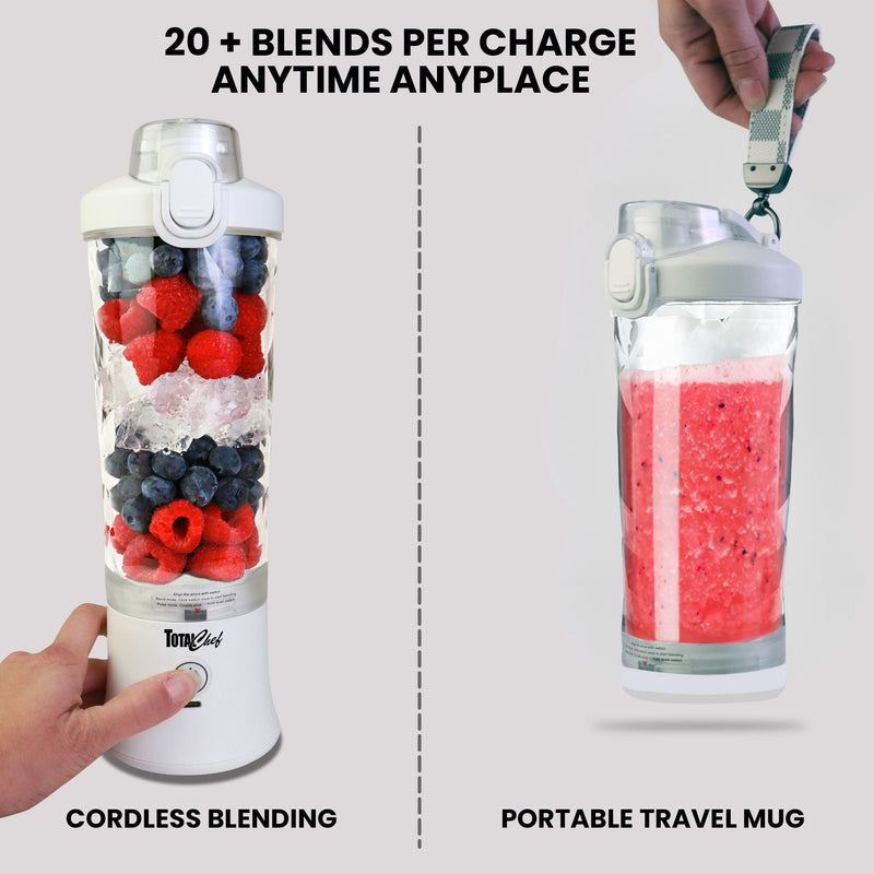 Left half shows a person's hand holding the blender, which is filled with raspberries, blueberries, and ice cubes, with their thumb on the power button. Text below reads, "Cordless blending." Right half shows a person's hand holding the blending jar, which is filled with bright red smoothie and has the travel base cover on, by the carry strap. Text below reads, "Portable travel mug." Text at the top reads, "20+ blends per charge anytime anyplace."
