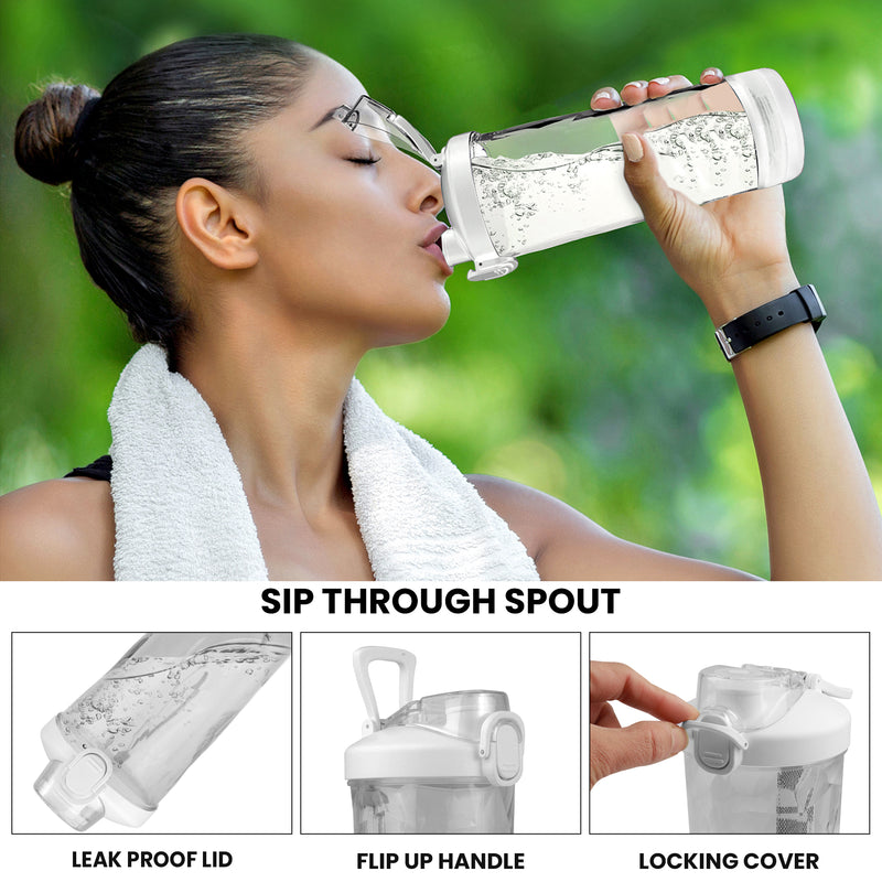 Lifestyle image of a person with light brown skin and dark brown hair pulled back in a bun, wearing a tank top and a white towel around their shoulders, drinking from the travel much. Text below the image reads, "Sip-through spout," and below that are three closeup images of features, labeled: 1. Leak-proof lid; 2. Flip-up handle; 3. Locking cover.