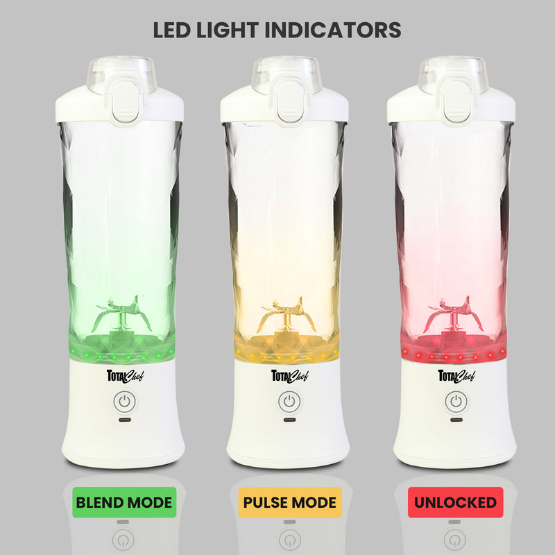 Three product shots of the Total Chef cordless blender show the LED lights glowing green, yellow, and red. Text above reads, "LED light indicators." Text below each blender states what mode the color represents: Green is blend mode, yellow is pulse mode, and red is unlocked.