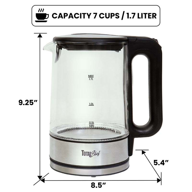 Total Chef glass kettle, empty, on a white background with dimensions labeled. Text above reads "Capacity 7 cups/1.7 liter"
