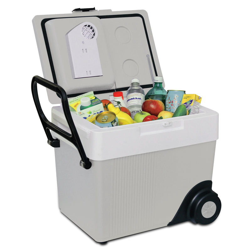 Koolatron wheeled 12V travel cooler/warmer, open with food inside, on a white background