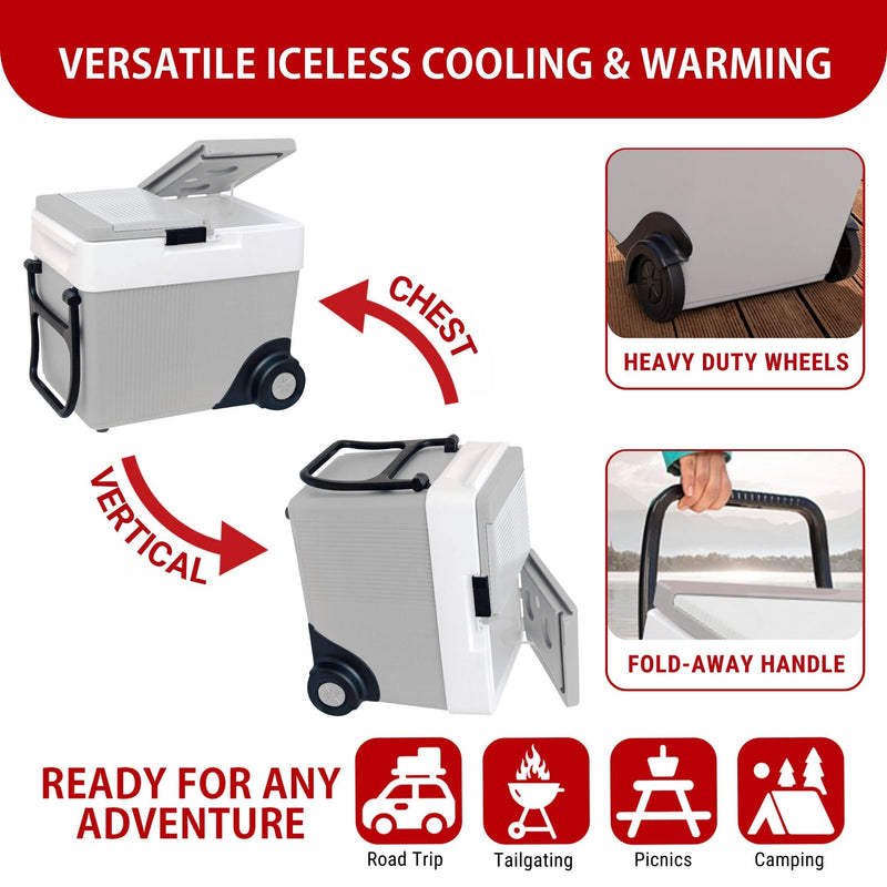 Two images show the Koolatron 12V cooler/warmer as an ice chest and on its side as a mini-fridge with arrows labeled, "CHEST" and "UPRIGHT." Two inset images on the right show closeups of features, captioned, "Heavy duty wheels," and "Fold-away handle." Text above reads, "VERSATILE ICELESS COOLING & WARMING." Text below reads, "READY FOR ANY ADVENTURE" followed by icons labeled: Road trip, tailgating, picnics, and camping.